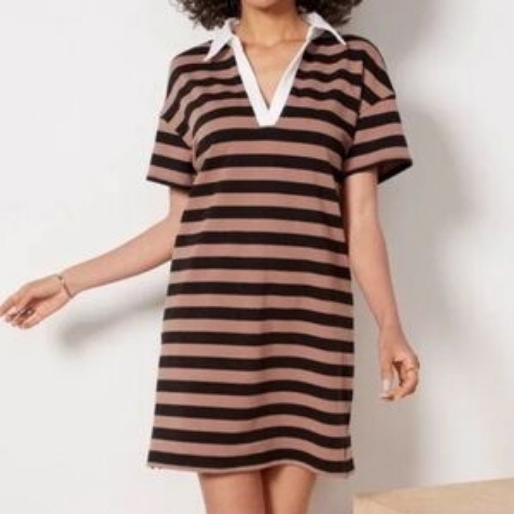 Evereve Nova Polo Dress in a striped black and brown colorway. 